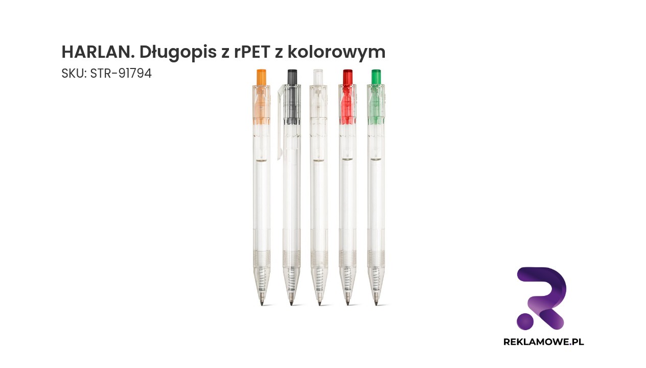 HARLAN. Długopis z rPET z kolorowym przyciskiem HARLAN długopis z rPET z kolorowym akcentem – ekologiczny długopis reklamowy